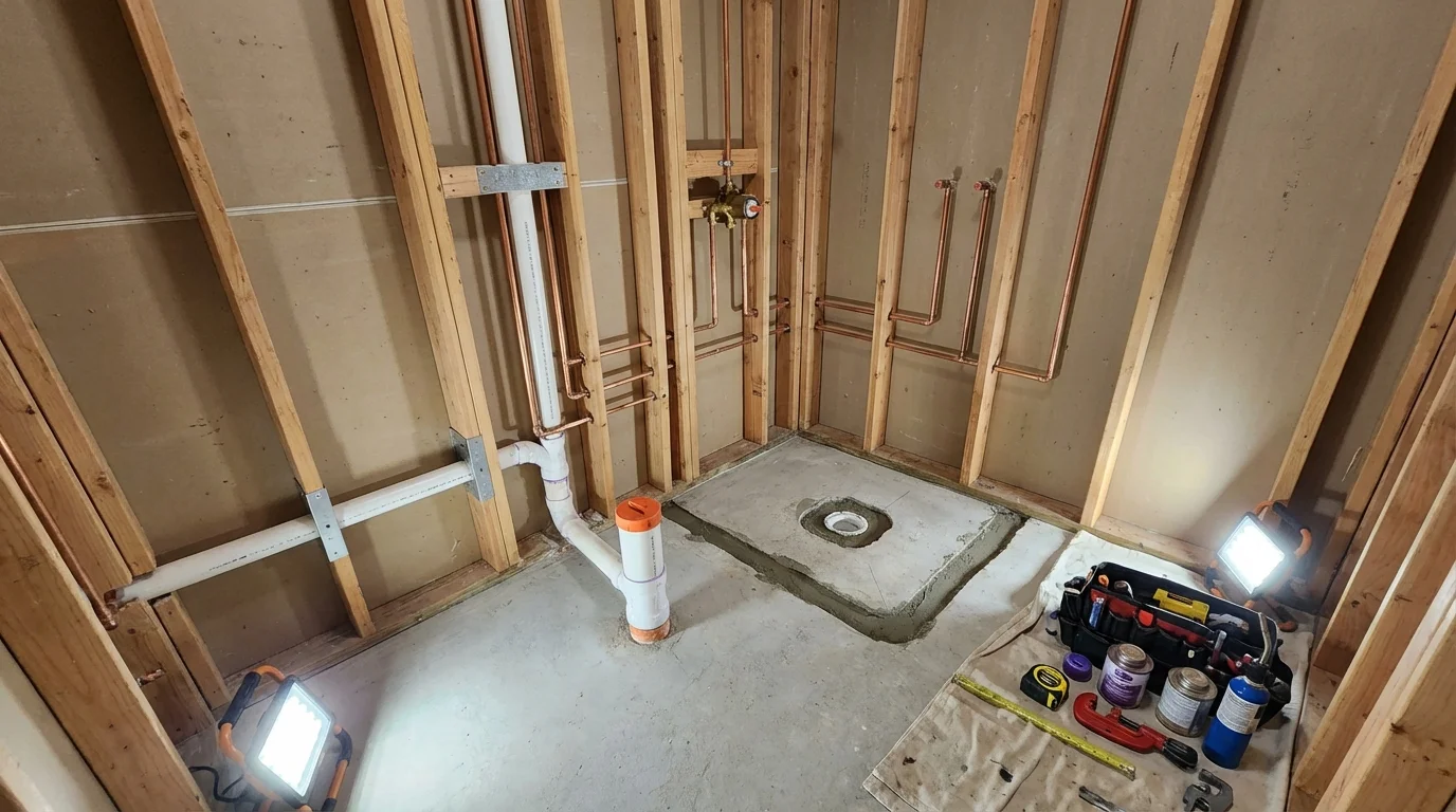 Bathroom rough-in plumbing during remodel by Johns Plumbing LLC in Ucon