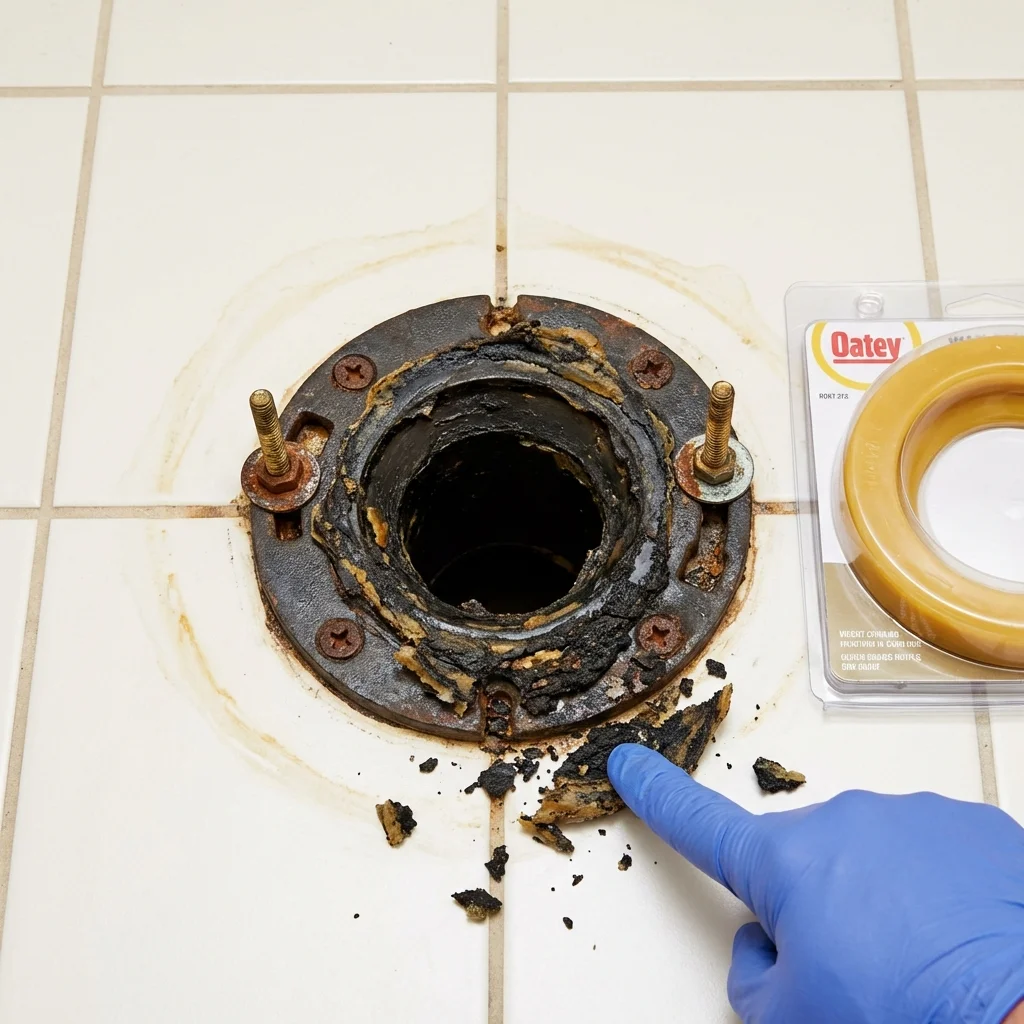 Failed wax ring showing water seepage at the base of a toilet in a Ucon, ID home