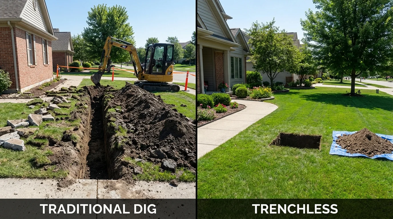 Trenchless sewer repair with minimal yard damage versus traditional excavation in Ucon, ID