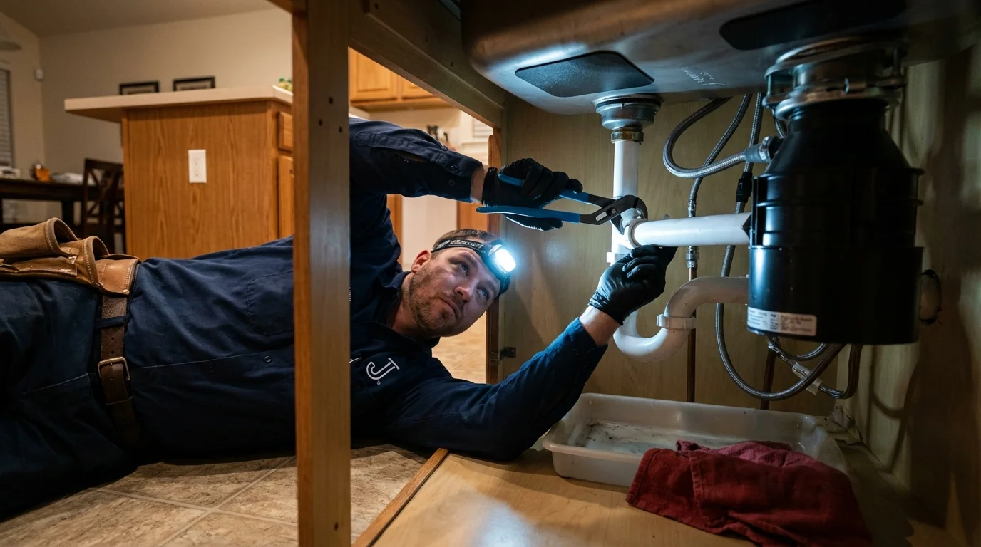 P-trap and supply line connections under a kitchen sink showing a common leak point in Ucon, ID